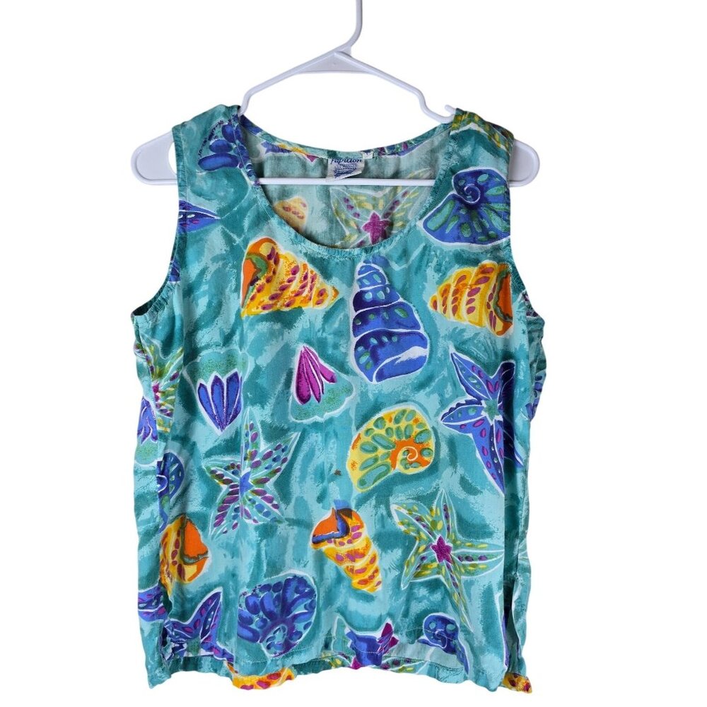 Vintage‎ Papillon Sleeveless Shell Print Blouse M Turquoise Multicolor Beach